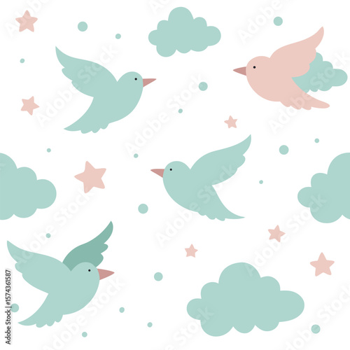 Canvas Print Charming seamless pattern featuring delicate tiny birds gracefully flying amidst
