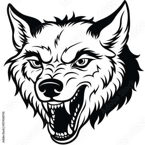 Fierce wolf head bared teeth black and white illustration