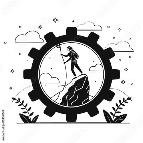 Surreal Silhouette of a Climber on Floating Gear Rock – Vector Art
