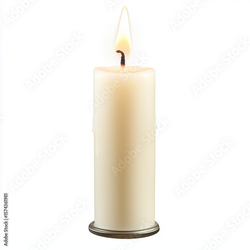 white wax candle burning, isolated on white background, burning candle isolated, clean product mockup