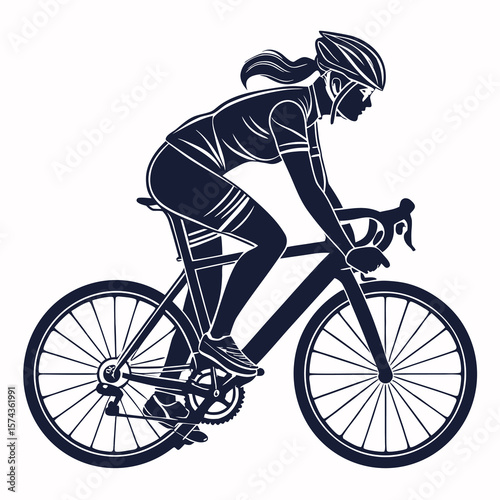 Silhouette of a determined female cyclist in full gear riding a road bicycle with speed and focus