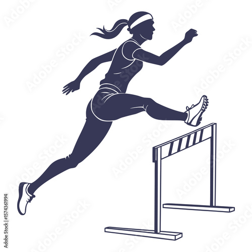 Athletic female silhouette in motion leaping over a hurdle during a track and field race competition