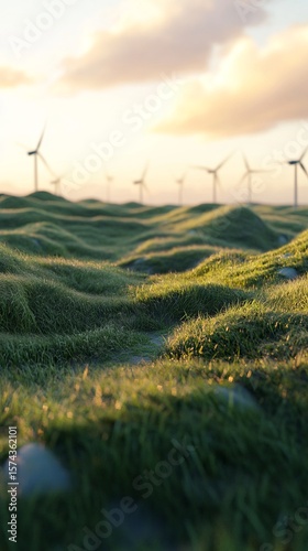 Wind turbines in green hills, sunrise, environmental energy scene photorealism, sustainable energy, eco-friendly landscape with wind power generators