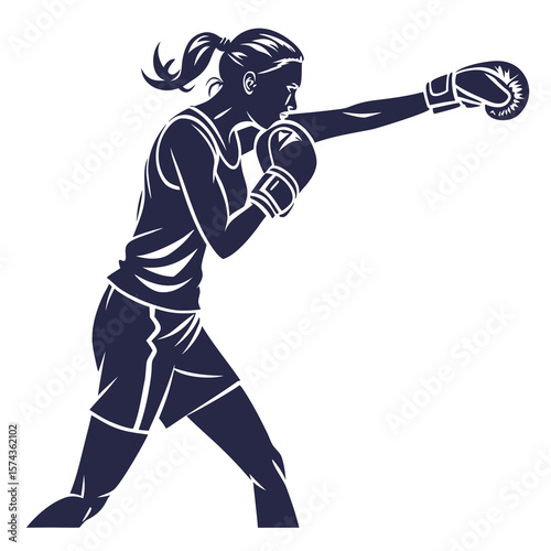 Dynamic silhouette of a female boxer delivering a powerful punch during a training session