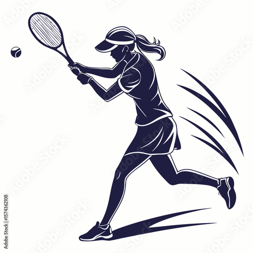 Dynamic silhouette of a female tennis player in action hitting a forehand shot on a white background
