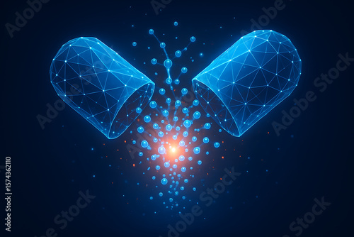 Open capsule emitting molecular particles in glowing digital mesh style pharmaceutical concept representing nanomedicine innovation and futuristic drug release system