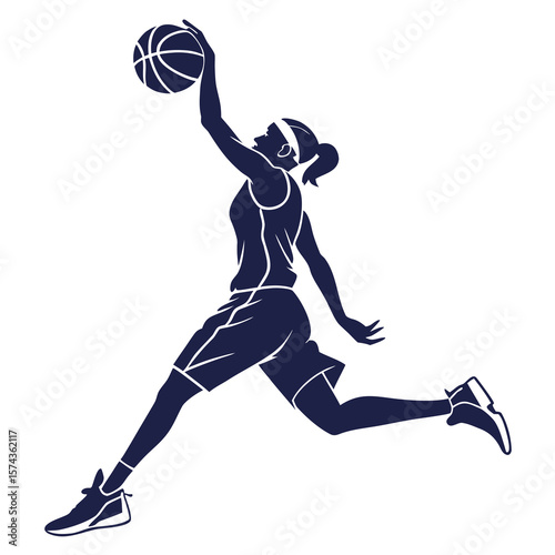 Silhouette of a female basketball player in mid air making a slam dunk with the ball held high