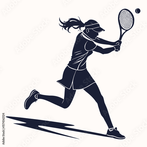 Dynamic silhouette of a female tennis player in action hitting a forehand shot during a match