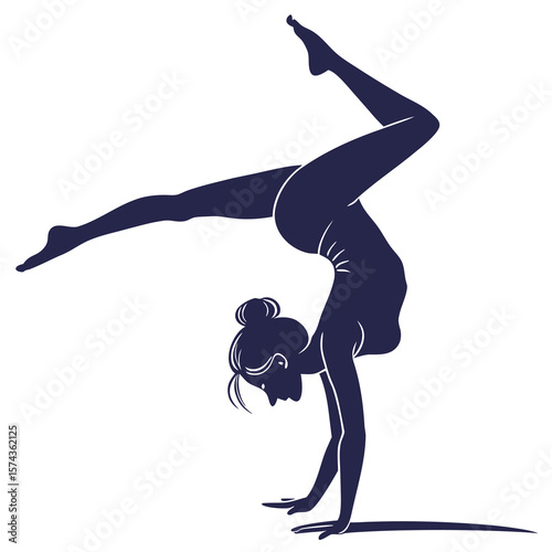 Graceful female gymnast performing a handstand with legs extended in a split against a white background