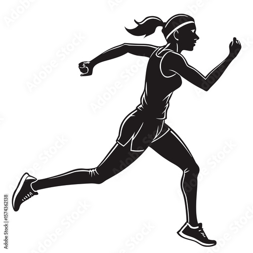 Silhouette of a female athlete running with a ponytail and headband wearing athletic shorts and a tank top