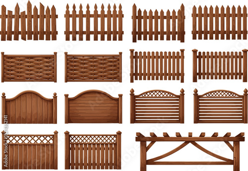 Collection of various wooden fences and a garden pergola for outdoor privacy and decoration