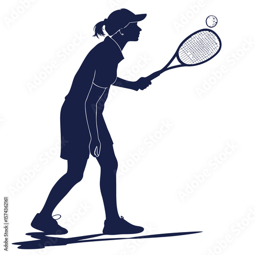Silhouette of a female tennis player in a cap ready to serve the ball during a match on a white background
