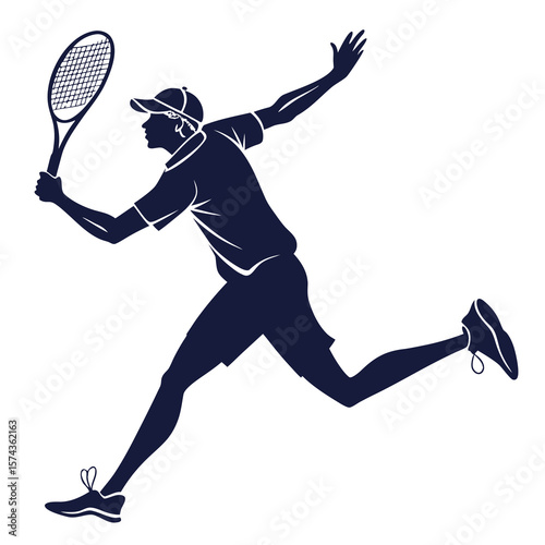 Dynamic silhouette of a male tennis player in action hitting a forehand stroke on a white background