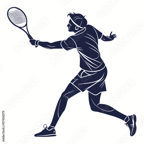 Dynamic silhouette of a male tennis player executing a powerful forehand stroke on a white background