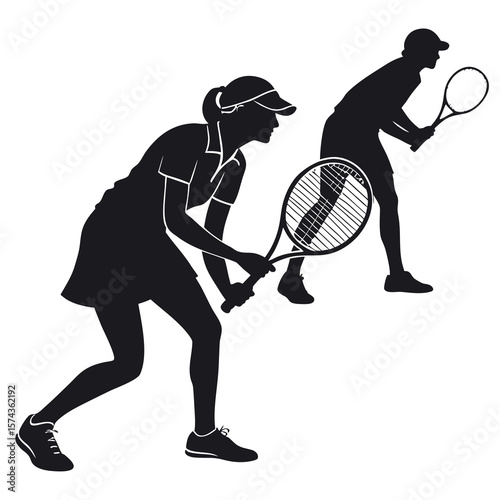 Two silhouettes of tennis players in action ready to hit the ball on white background