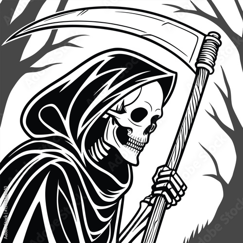 Hooded skeleton holding scythe grim reaper cloak