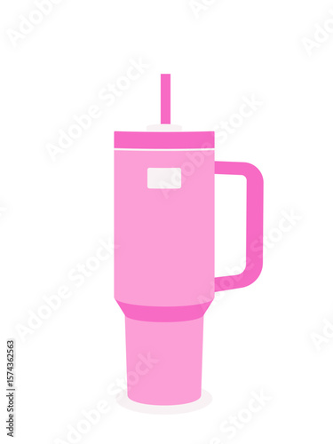 Stylized pink tumbler cup with handle and straw on white background. Modern reusable insulated drinkware, minimalist flat design for eco lifestyle and hydration themes.