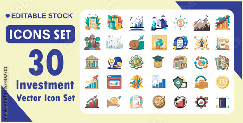 Investment Vector icon set. Containing economy, financial gain, interest investor, mutual fund, asset, risk management, and more. Vector illustration.