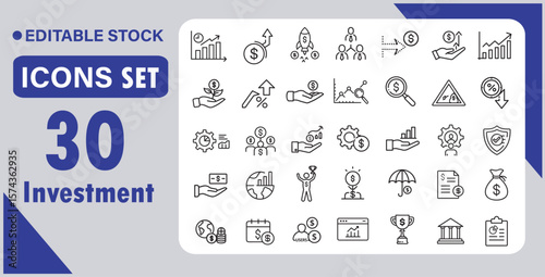 Investment icon set. Containing economy, financial gain, interest investor, mutual fund, asset, risk management, and more. Vector illustration.