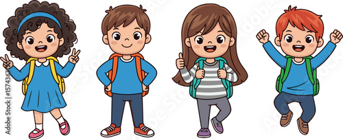 Group of diverse happy school children with backpacks, cartoon style, isolated on white background, education, back to school, learning, fun