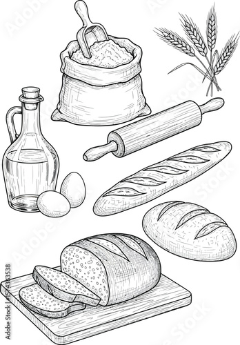 Sketch of baking ingredients including a bag of flour eggs oil rolling pin wheat and loaves of bread