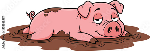 Funny cartoon pig lying in mud puddle, dirty farm animal relaxing, cute piglet illustration for children, comics, or education use