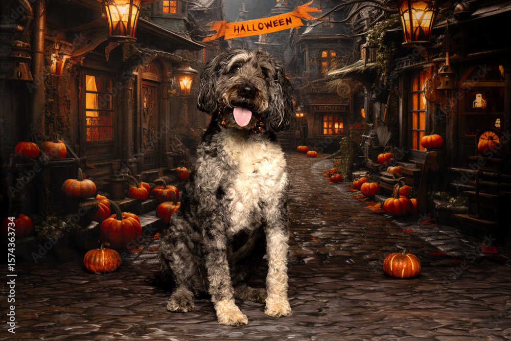 Naklejka premium Curly Dog Sitting on Halloween Street with Pumpkins and Lights
