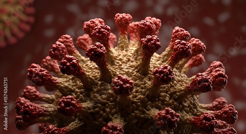 A detailed close up of a virus cell with red spikes on a beige body against a blurred red background