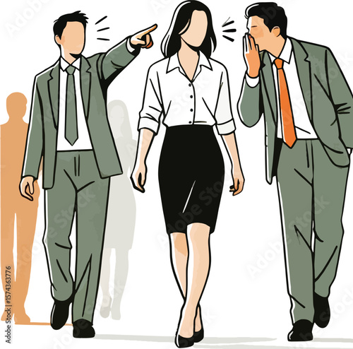 Workplace dynamics illustration of gossip, accusation, and exclusion in a business environment