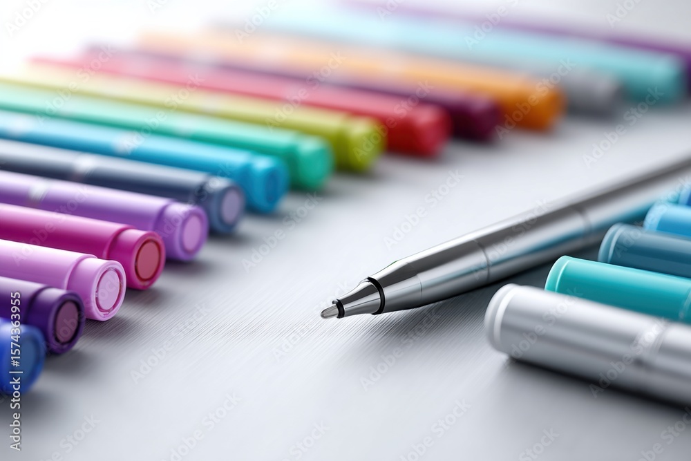 Fototapeta premium Colorful markers arranged in vibrant room inviting creativity and imagination in spacious layout