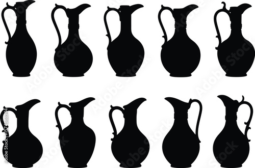 Collection of ten black silhouettes of antique pitchers with handles and spouts on a white background