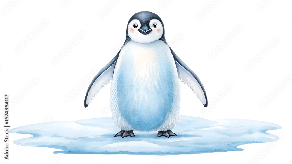 Fototapeta premium Cute watercolor penguin standing on ice floe