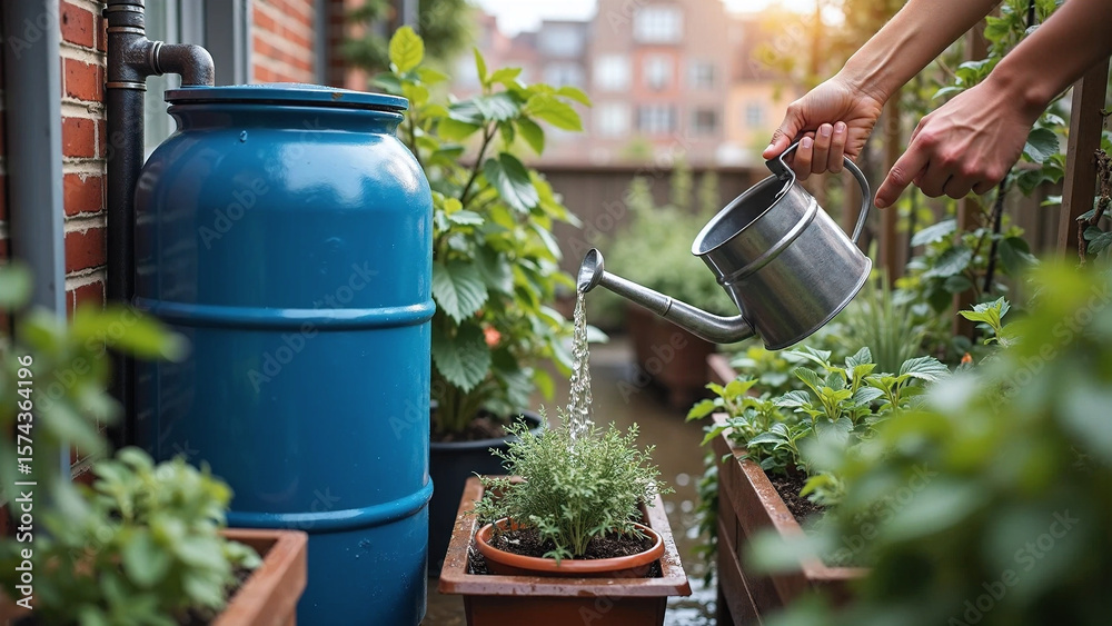 Obraz premium Ultra-realistic photo of rainwater harvesting at home, showing water trickling into a rain barrel in a small urban yard. Hands use collected water to nourish plants, showcasing water conservation and 