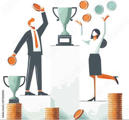 Business team celebrating success with trophies coins and financial achievements vector illustration