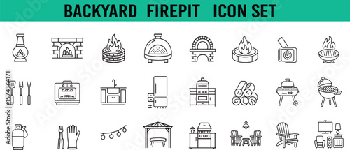 Backyard firepit outdoor features icon set., set of vector icons of kitchen utensils. grill, backyard, bar-b-q, kitchen, patio, icon, line, vector