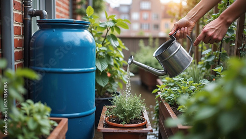 Ultra-realistic photo of rainwater harvesting at home, showing water trickling into a rain barrel in a small urban yard. Hands use collected water to nourish plants, showcasing water conservation and 