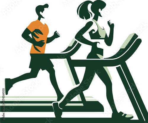 Illustration of two people exercising on treadmills at the gym for fitness training and health.