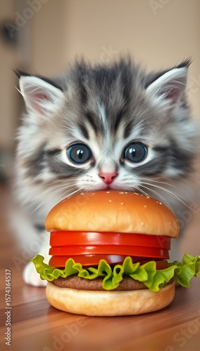 An Adorable Kitten with Striking Blue Eyes Peering Intently at A Burger. The Burger is Stacked High with Fresh Lettuce And Slices of Tomato, Creating A Playful And Endearing Scene.