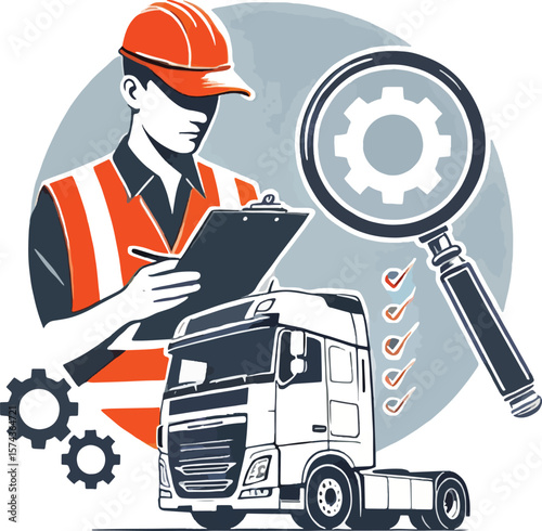 Professional truck inspection process illustrated with engineer and inspection equipment