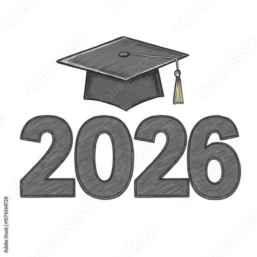 Graduation cap and year 2026 illustration with a sketchy style isolated on transparent background