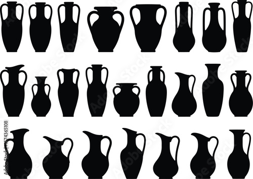 Collection of diverse black silhouette ancient greek amphorae and jugs on a white background