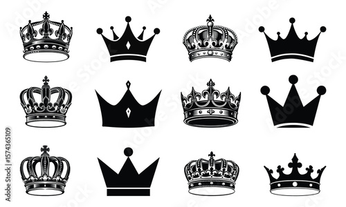 A collection of twelve different crown designs, isolated on white background, showcasing royal symbols and regal elegance