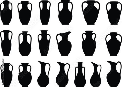 Collection of black silhouettes of ancient greek amphorae and jugs on a white background