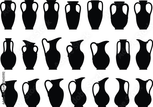 Collection of black silhouette ancient greek amphorae and jugs on a white background