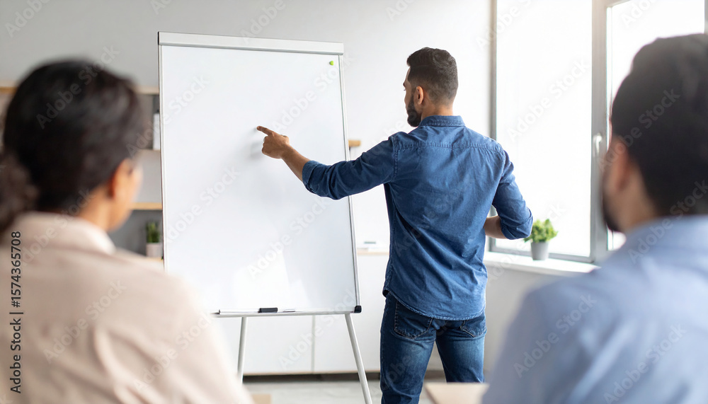 Obraz premium Businessman leads a presentation, pointing to a whiteboard, explaining concepts to attentive colleagues.