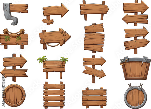 Collection of rustic wooden signs and directional arrows with a weathered appearance and nautical elements