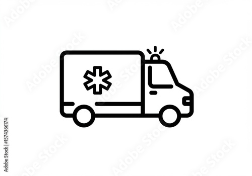 Simple black line art icon of an ambulance with a star of life symbol
