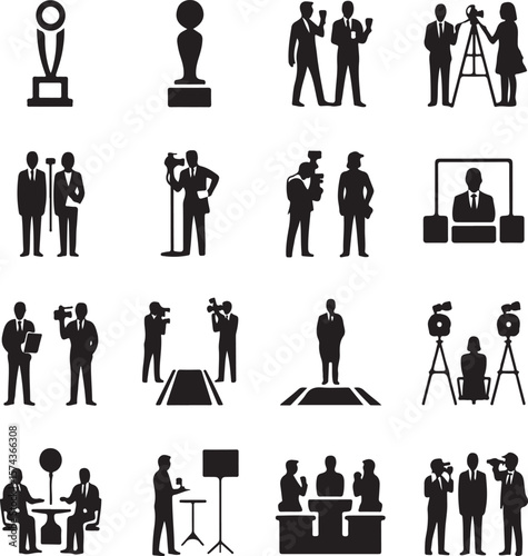 "20 Black Silhouette Pictogram Icons Representing Media, Journalism, Reporting, Interviews, and Broadcasting Activities"