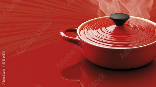 Red ceramic pot with lid, steaming.