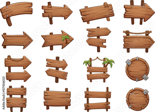 Collection of various wooden signs and directional arrows with a rustic and weathered appearance